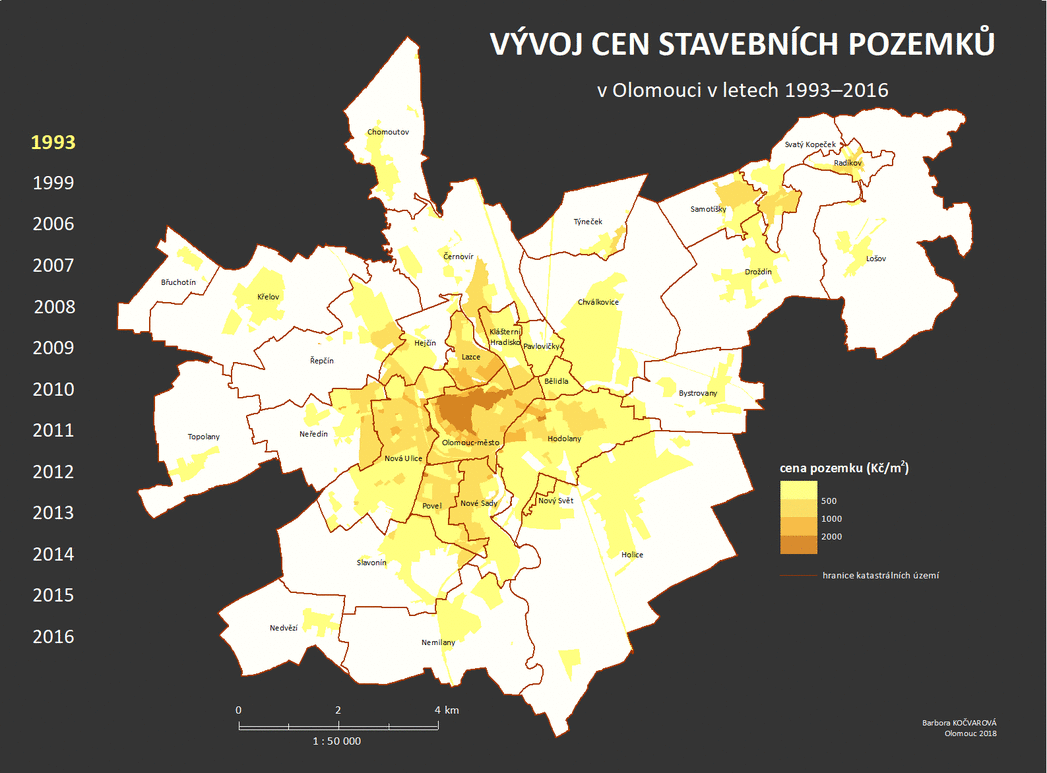 Vývoj cen stavebních pozemků v Olomouci v telech 1993-2016