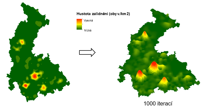 Hustota zalidnění Olomouckého kraje metodu Pycnophylactic Interpolation