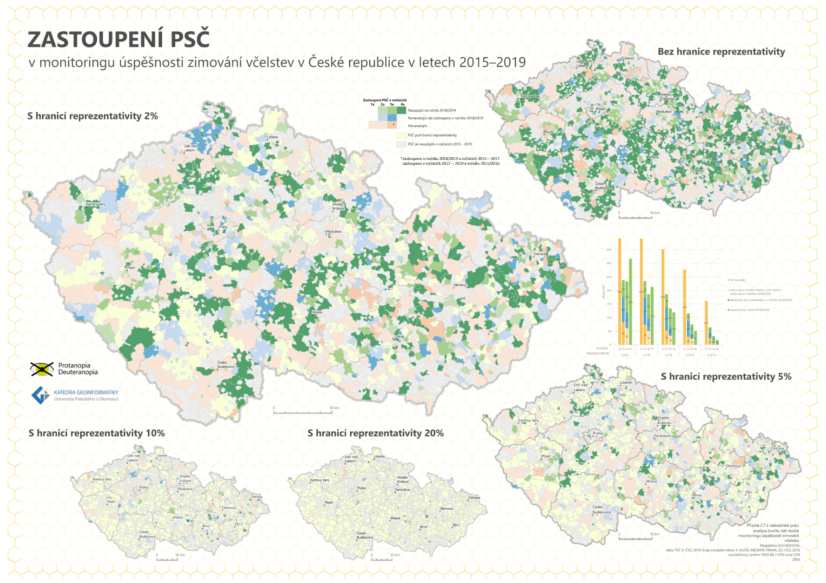 Zastoupení PSČ monitoringu úspěšnosti zimování včelstev v České republice v ročnících 2015-2019