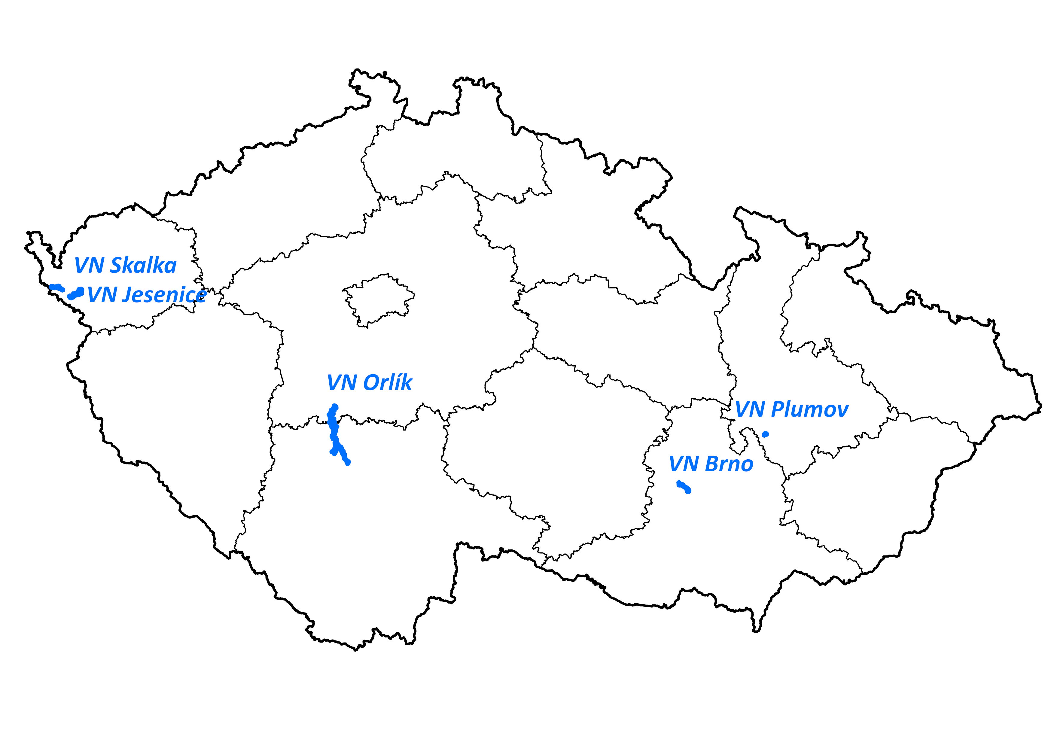Mapa analyzovaných vodních ploch