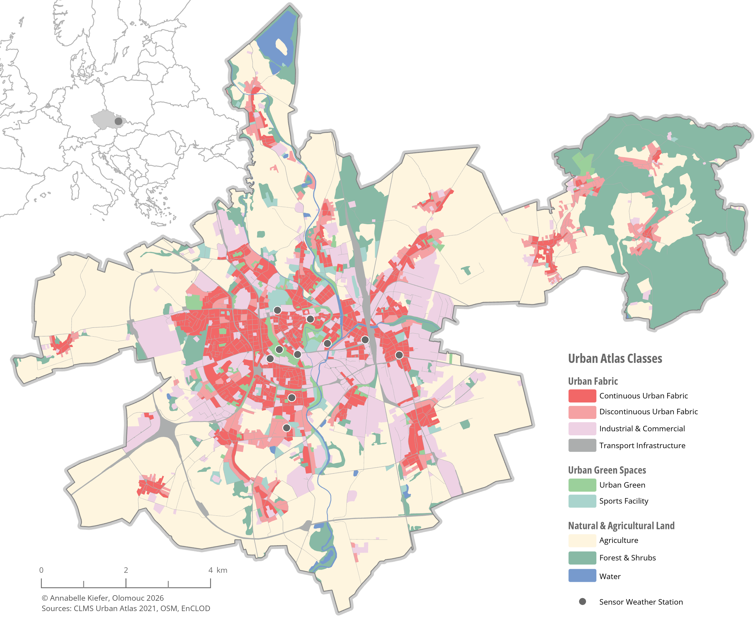 Map of Olomouc classified by Urban Atlas land cover/land use