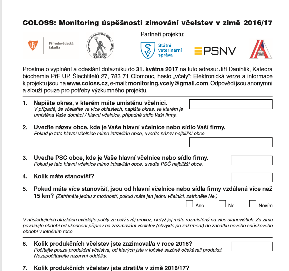 Výřez z dotazníku COLOSS