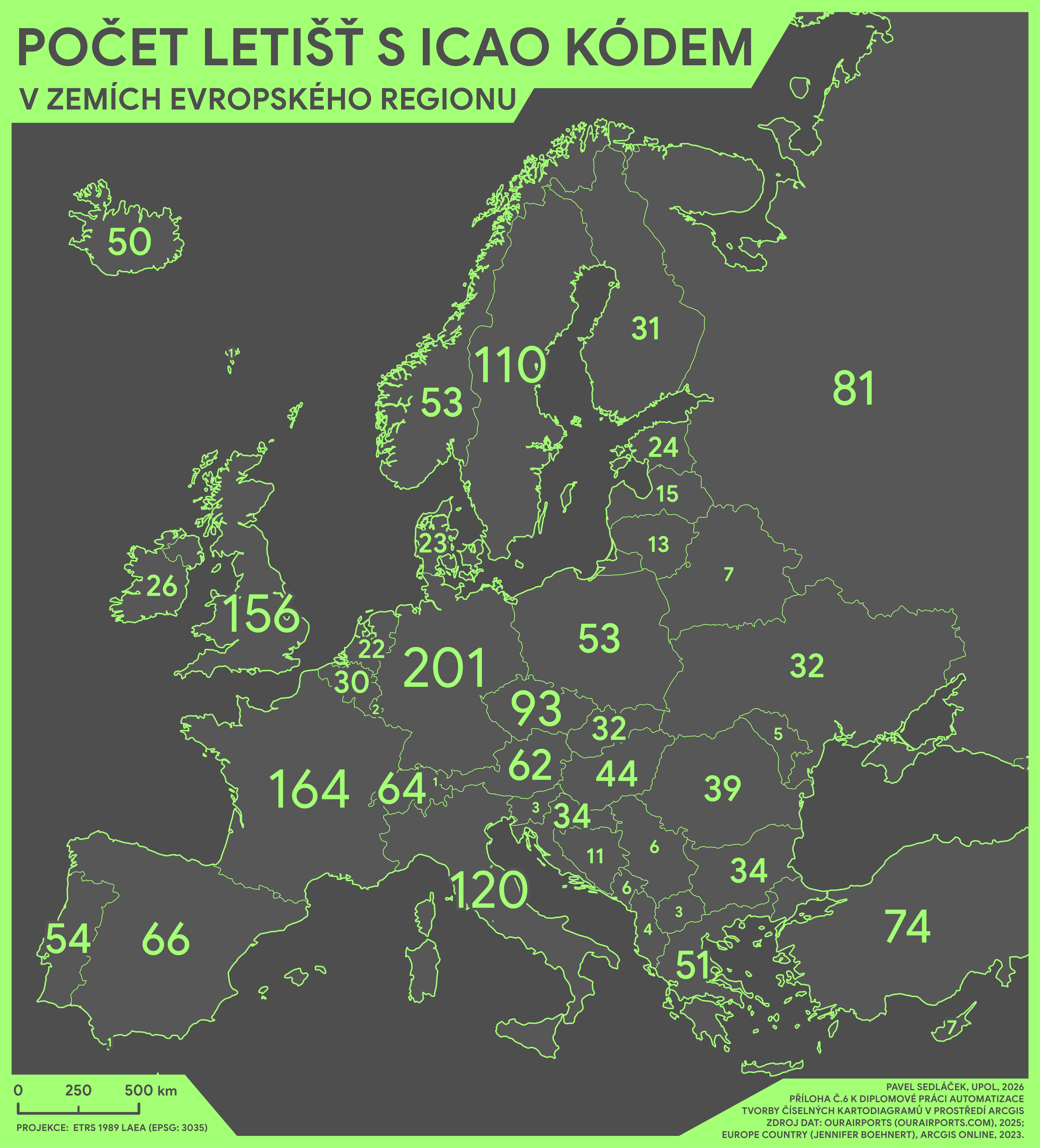 Mapový výstup: počet letišť s ICAO kódem v zemích evropského regionu