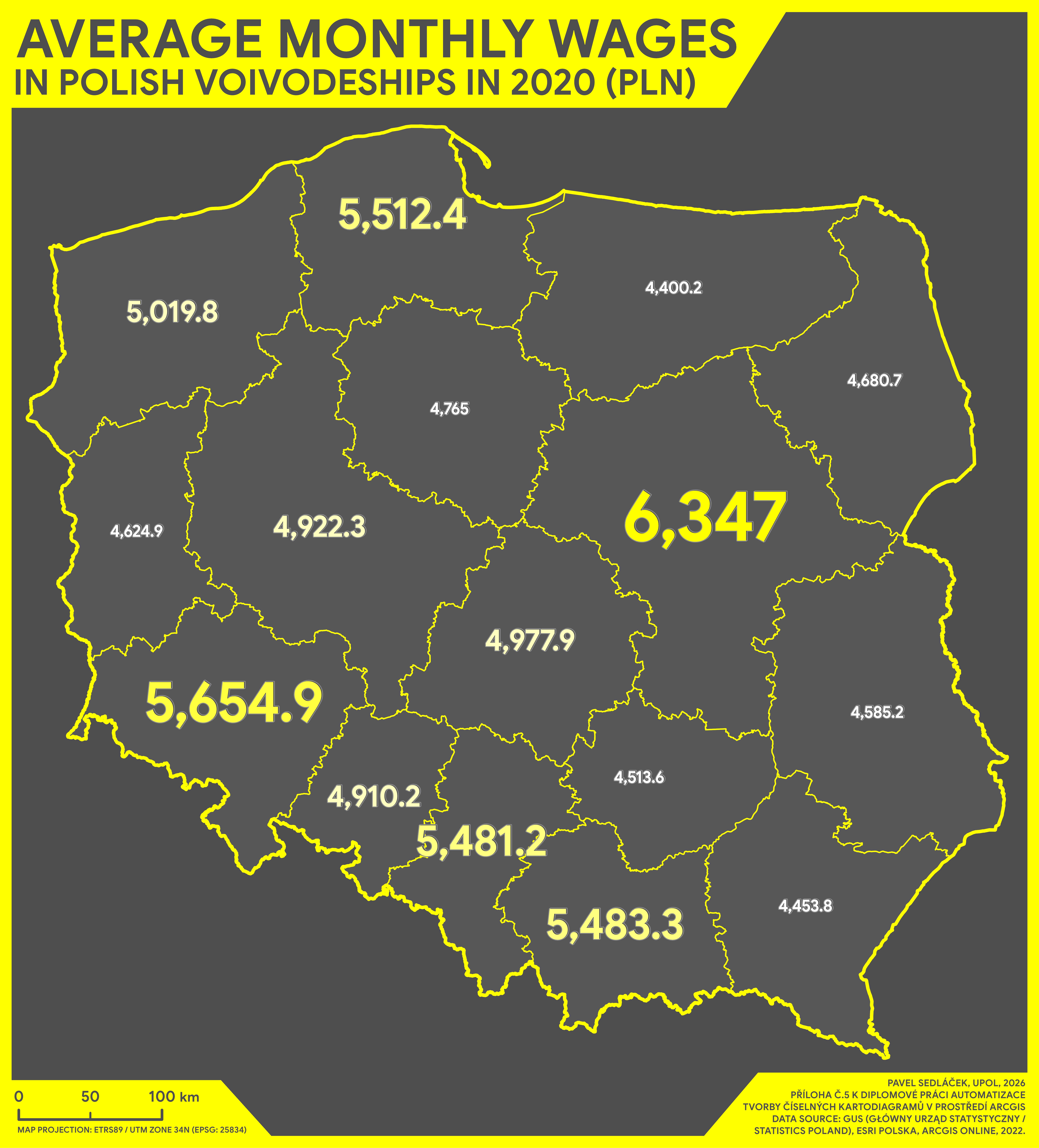 Mapový výstup: průměrná měsíční mzda v polských vojvodstvích (2020)